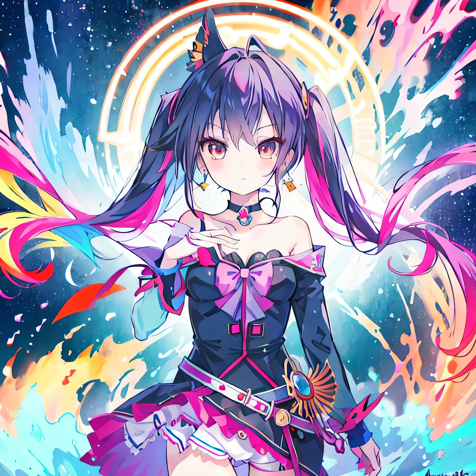 masterpiece, best quality:1.2),anime style:1.8, 1girl, solo, Ultra-detailed, best quality,High saturation, flame, gradient, colorful,magic, vivid colors , two tone hair,