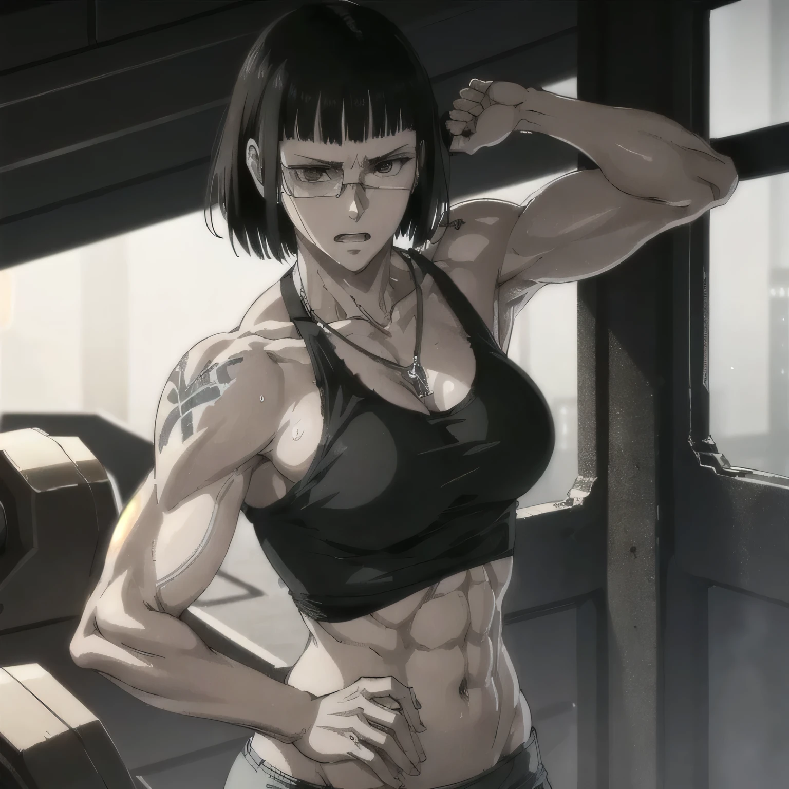 (best quality,ultra-detailed,realistic:1.37),musclaur badass girl with sculpted body with preview her musclaur body and six-pack, full review of the female character's face and body, intense expression, strong and confident posture, studio lighting, vivid colors, physiologically-based rendering, grungy texture, rugged background, dust particles in the air, commanding presence, professional, powerful, gritty aesthetics,,Valmet،short hair,necklace,Light reflection on shoulders,Sweat in muscles،،wearing military underwear and midriff tank top, tattoos on shoulders،Fat free body,Hand veins,drink water, Towel around the neck,A girl with a