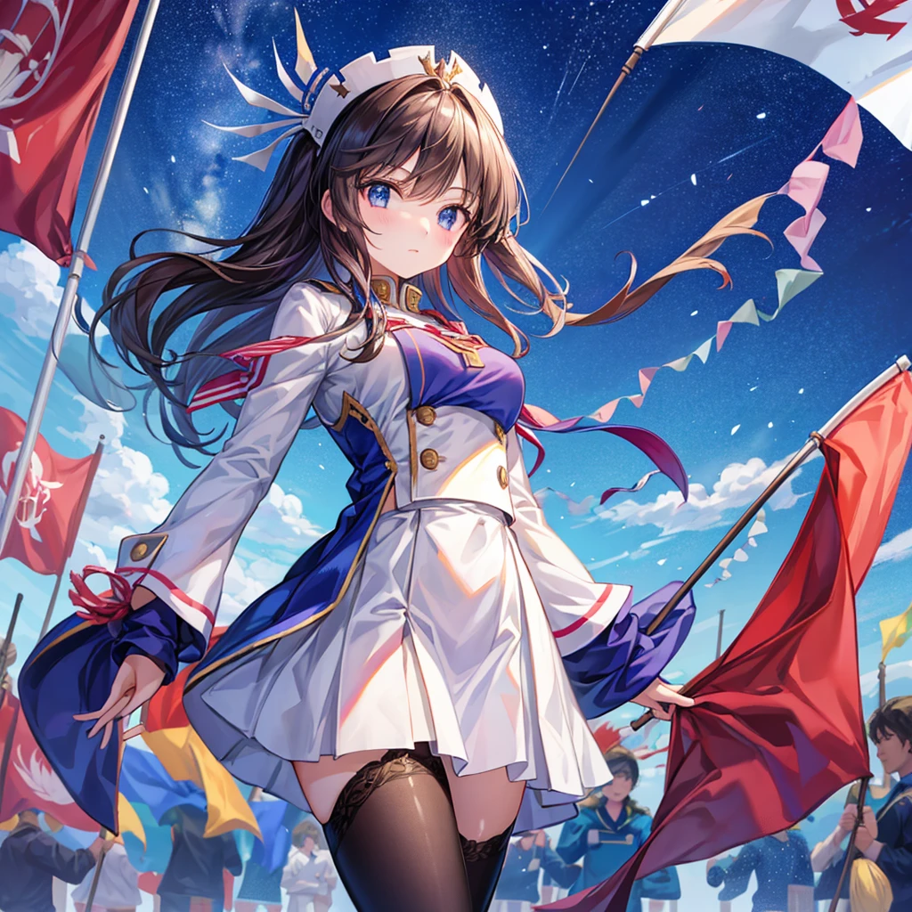 A beautiful girl skillfully manipulates the marching band flags、