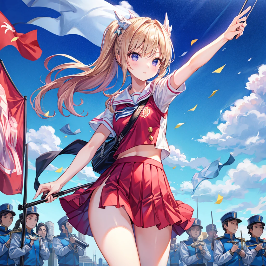A beautiful girl skillfully manipulates the marching band flags、