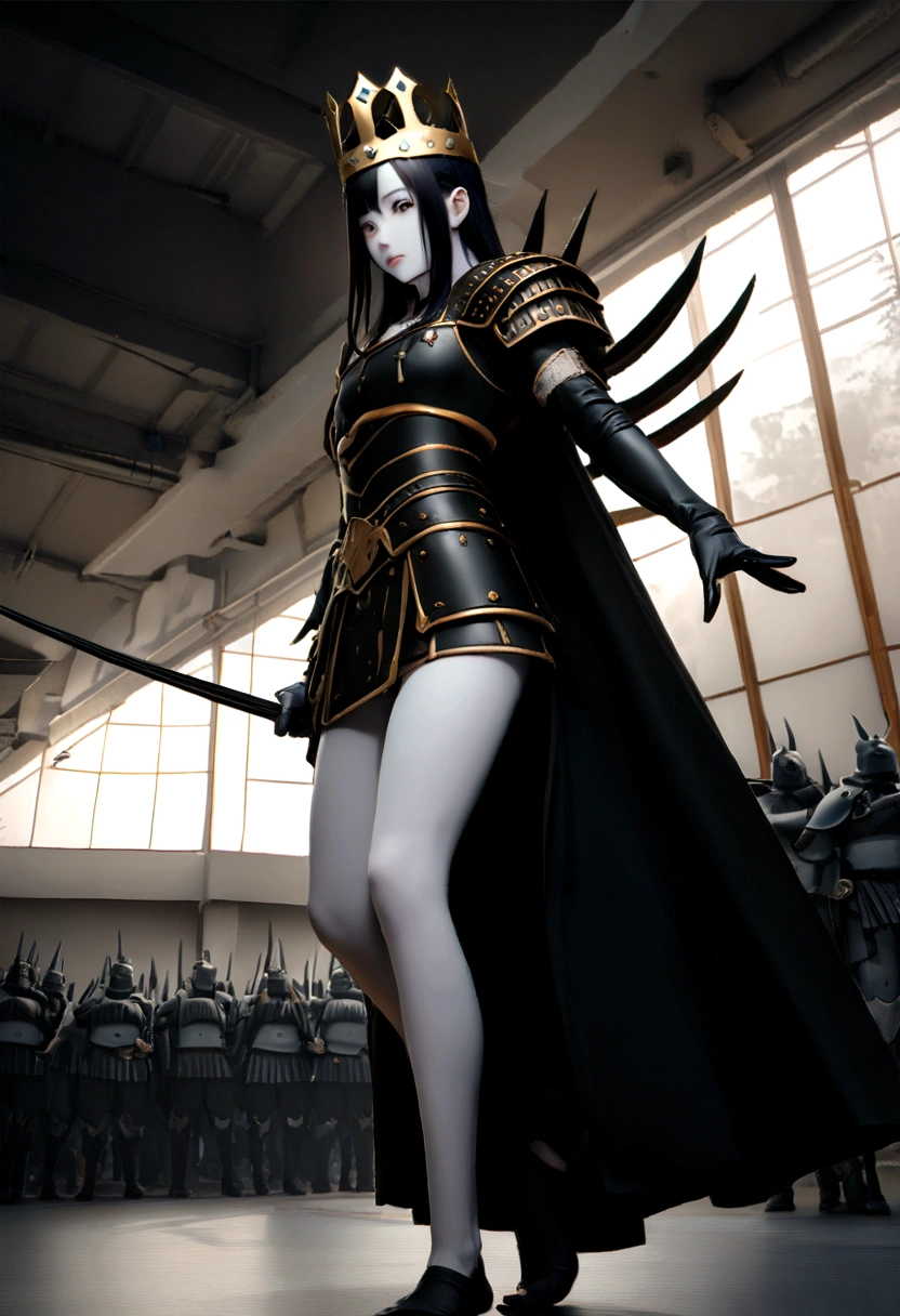 Highest quality、Masterpiece、Ultra-high resolution、(Reality:1.4)、Raw photo、(Thin legs)(Perfect figure)、Dynamic Pose、King with a golden crown、Body White、Fight with the last of your strength、In the background, white light covers the characters.、solo、Black Japanese Armor、White skin、Face tattoos、darkness、Deep Shadow、Low Key、Cold light 12000K、male