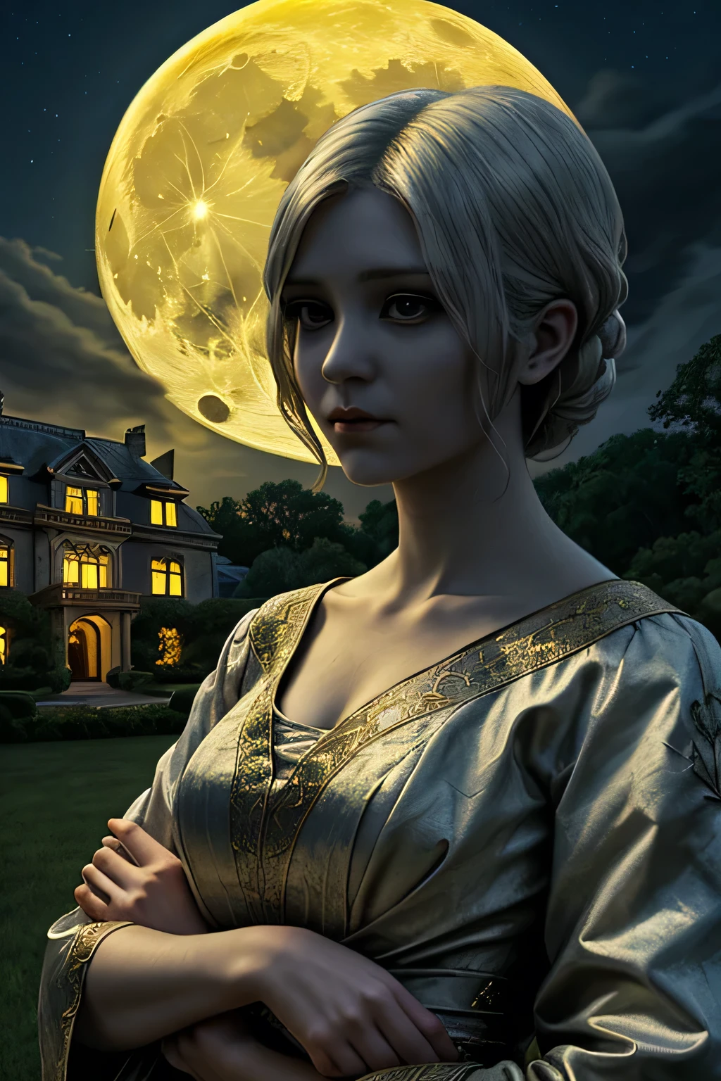 1 female ghost, looking at viewer, holding human body in her arms, night with yellow moon in background, fantasy, (realistic face), half body, mansion in background,