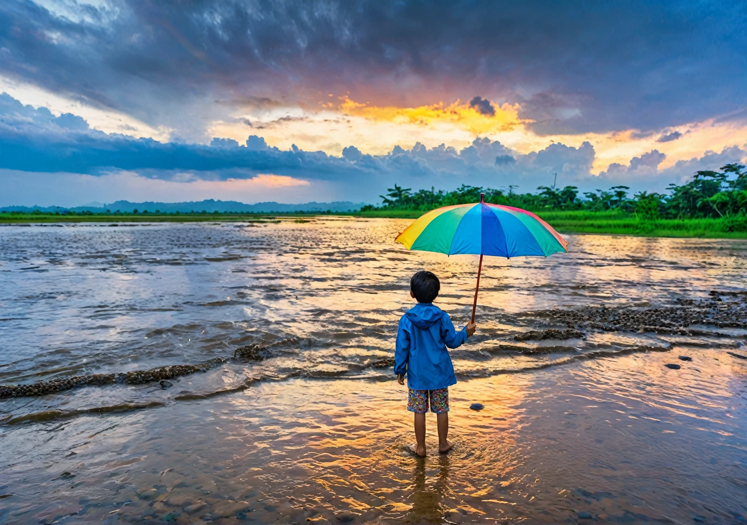 ??? standing in river shore , standing backwords ,  in rain , colorful umbrella , blue sky in background , sunset view 