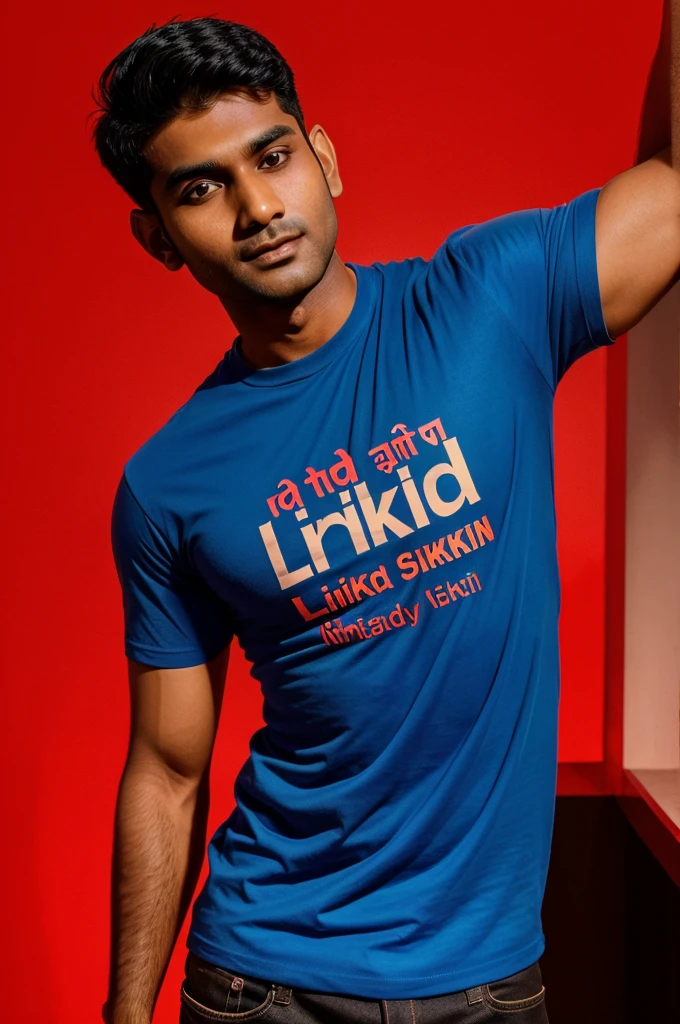 30 year old indian boy With fair skin and narrow body Posing for a linkedin picture in tshirt with red light background effect 