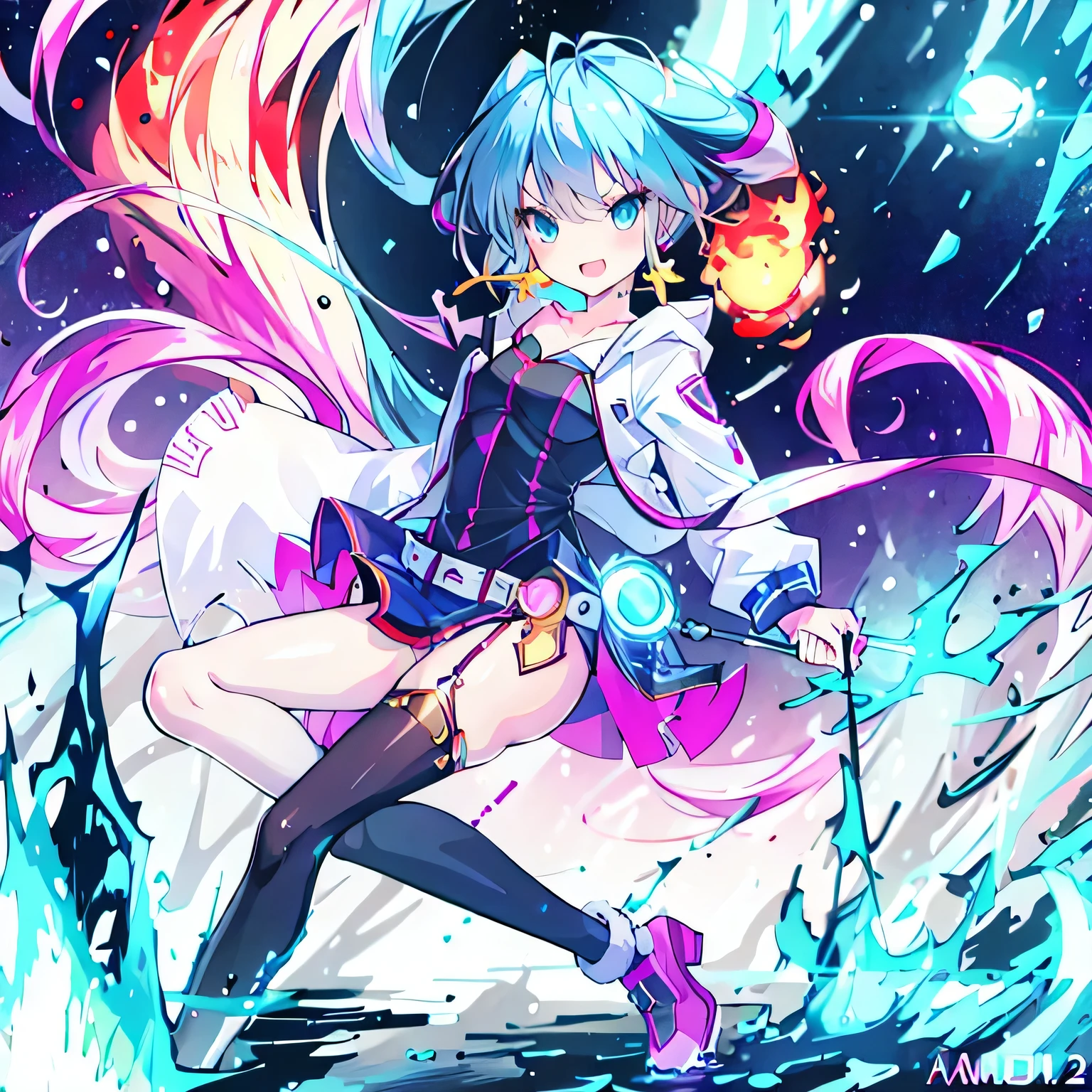 masterpiece, best quality:1.2),anime style:1.8, 1girl, solo, Ultra-detailed, best quality,High saturation, flame, gradient, colorful,magic, vivid colors 