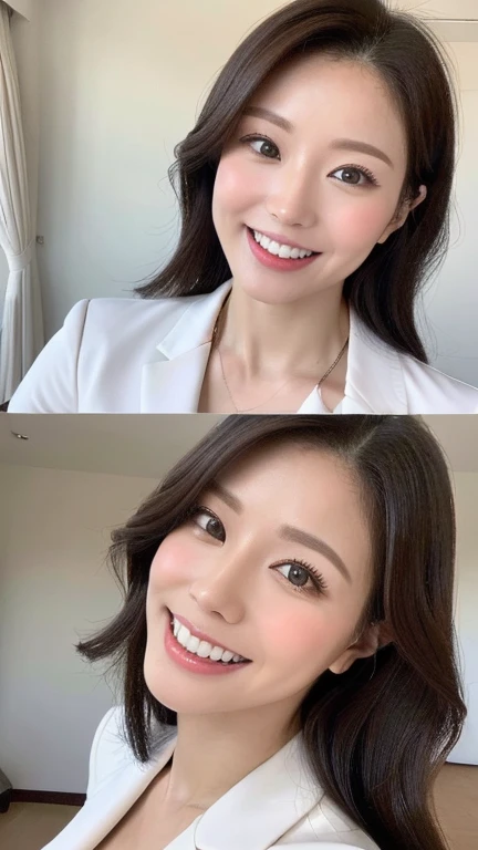 ((top-quality、masutepiece、8K、Top image quality、Hyper-Realism))large full breasts、The Biggest Smile、white big teeth、Perfect makeup、long eyelashes、View me、smile your best smile、perfect anatomia、Bright lighting, hyper realistic, photoreal, professional. fashionable, business suit, white blazer