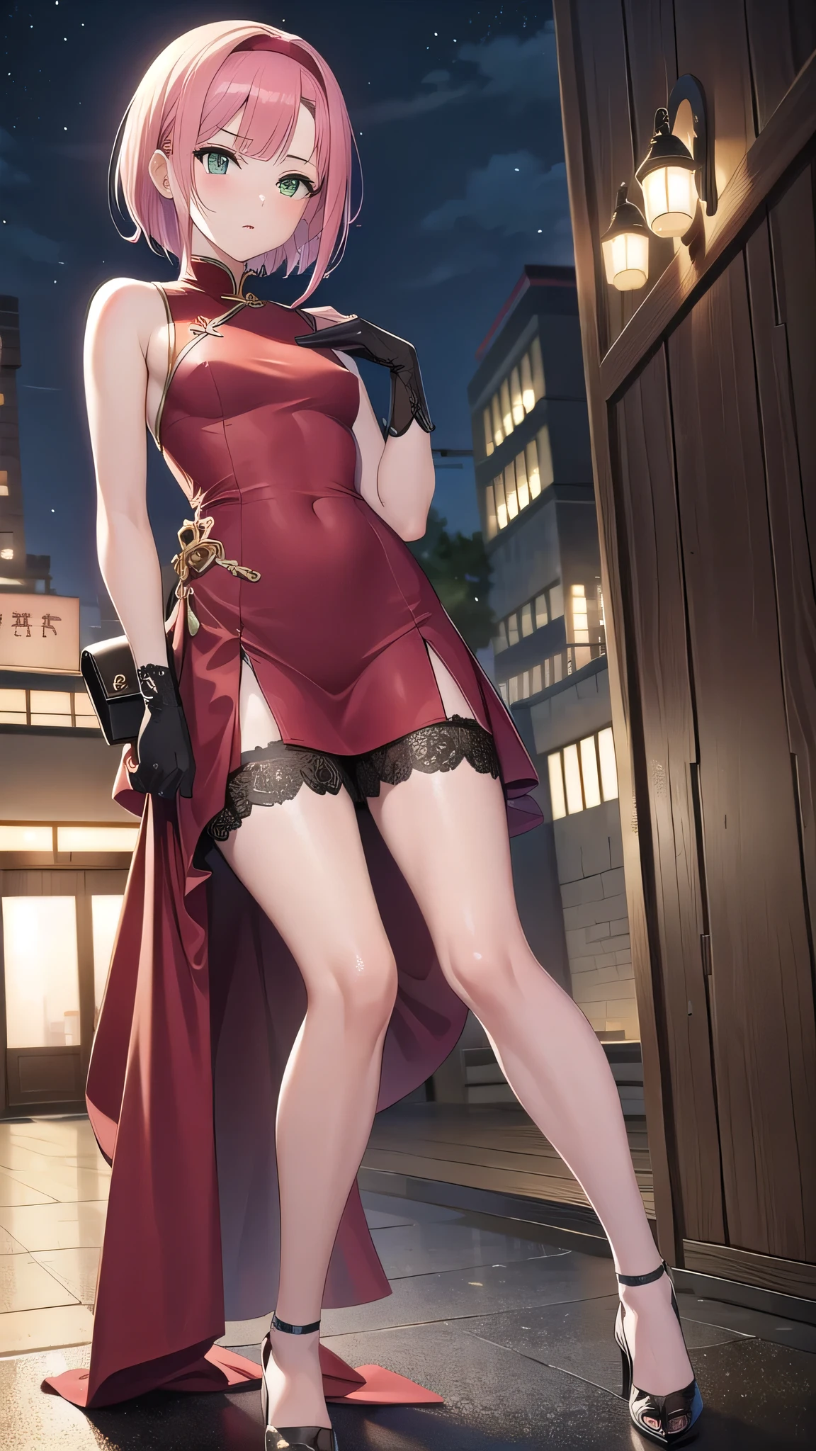 sakuraharuno, sakura haruno, short hair, (green eyes:1.5), pink hair, headband, hair intakes, forehead protector, parted bangs, (medium breast:1.4),
BREAK shirt,lace gloves,chinese dress,sleeveless, black gloves, red dress,stockings,
BREAK looking at viewer,
BREAK outdoors, city, night, in street, wet road, lights, reflections,
BREAK (masterpiece:1.2), best quality, high resolution, unity 8k wallpaper, (illustration:0.8), (beautiful detailed eyes:1.6), extremely detailed face, perfect lighting, extremely detailed CG, (perfect hands, perfect anatomy), shot from behind, long legs,full body shot, back view, bend over