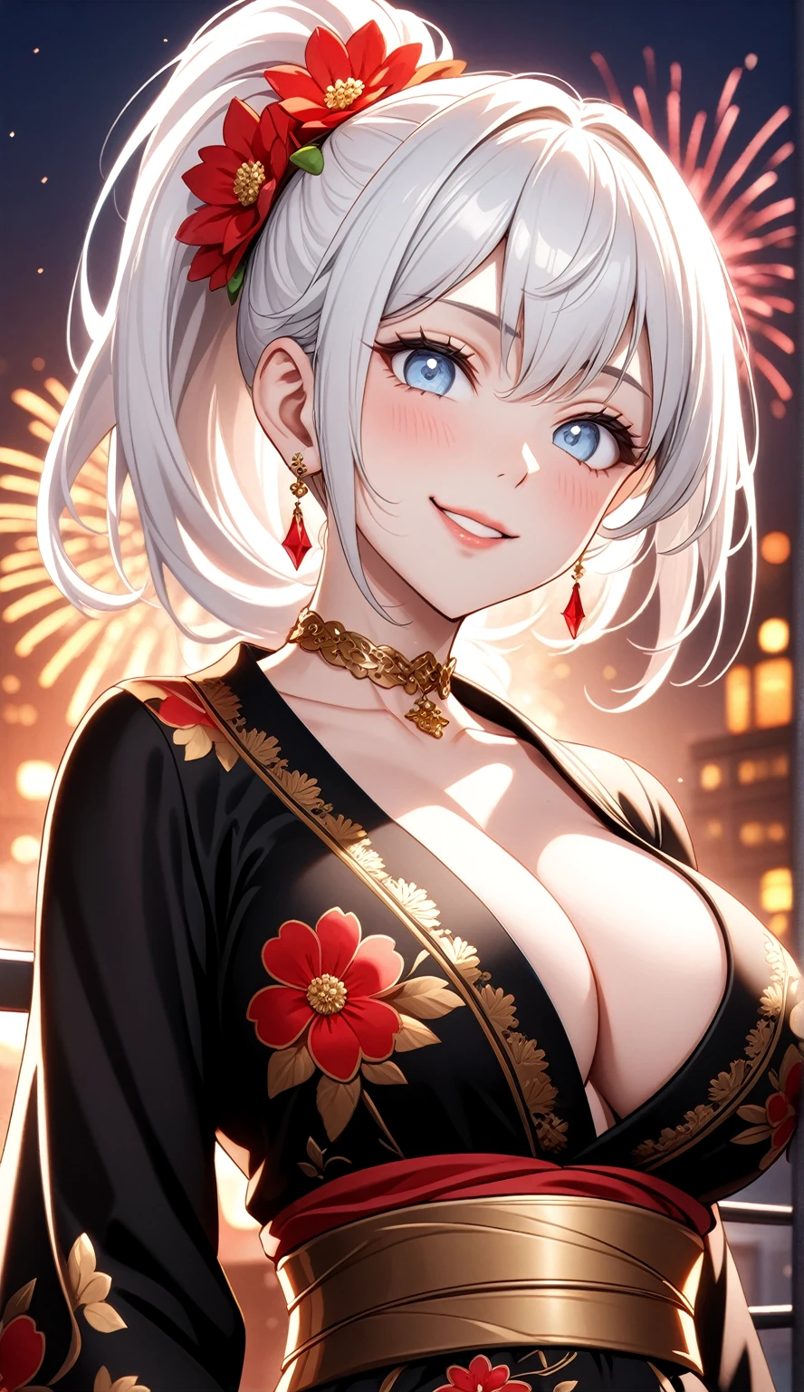 ((One personの女性)), Beautiful Face, (Laughing embarrassedly), (laugh:1.2),((Wink:1.9)), (head tilt:1.3), Laugh with your mouth wide open, upper teeth, looking down at viewer, ((Bright red cheeks:1.4)),Glossy Red Lips,rooftop, firework, Glossy red lips, Shining Face, ((Anime style background)),masterpiece, Highest quality, so beautiful,up to date, Complex details, (Pink long nails),(ring),(bracelet),(Floral choker),AI-generated, Complex,High resolution, Highest quality, super high quality,3D Images、3D Images,One person,Long white hair,High Ponytail, Anime woman posing for a photo,(blue eyes), ((Fine grain、Silvery white, lightly pigmented eyes、Shining Eyes:1.3)), (Squint your eyes:1.1),a hyperRealistic , hyperRealistic , Realistic,Anime woman with long white hair, Smooth anime CG art, A woman in a colorful kimono with gold embroidery, (Black long sleeve kimono),Red floral pattern,Long flower hair ornament,Earrings,Mature Body,(Big Breasts:1.1),Tall,Abdominal muscles,Tight waist,(Zoom up to face:1.4), (front view),