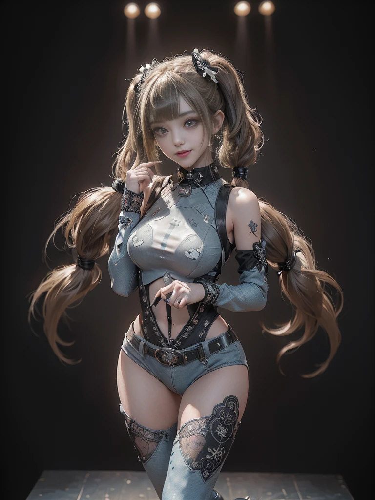 (Full Body View:1.4)、(Full body:1.4)、(Smiling with teeth showing:1.3),(Shibuya Gal:1.5)、(Gothic Lolita style fashion:1.5)、(Punk RockVisual Kei:1.5)、(Wearing a rhythmic gymnastics bodysuit with intricate details:1.4)、(Racing suit and pants with intricate decorations in white, denim and charcoal:1.5)、(Denim and light blue and white boots:1.3)、((belt))、(Numerous delicate logo marks all over the costume:1.4)、(collar:1.3)、(Polka dot underwear:1.5)、20-year-old、NSFW、((Highest quality、In 8K、masterpiece:1.3))、Sharp focus:1.2、(Layered Cut、Huge boobs:1.1),Beautiful woman with perfect figure:1.4、(do a gravure pose:1.3)、Slender Abs:1.2、Highly detailed face and skin texture、Detailed eyes、double eyelid,(Twin tails:1.3)、(Brown-golden hair:1.3)、Gravure idol、(The background is the stage of the fashion show:1.3)、(Slim body:1.3),(Make your legs thinner:1.4),(clavicle:1.1)