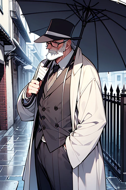 umbrella,silk hat,old man,Glasses,cool,Gray Hair,Whitebeard,gentleman,Old Townscape,heavy rain