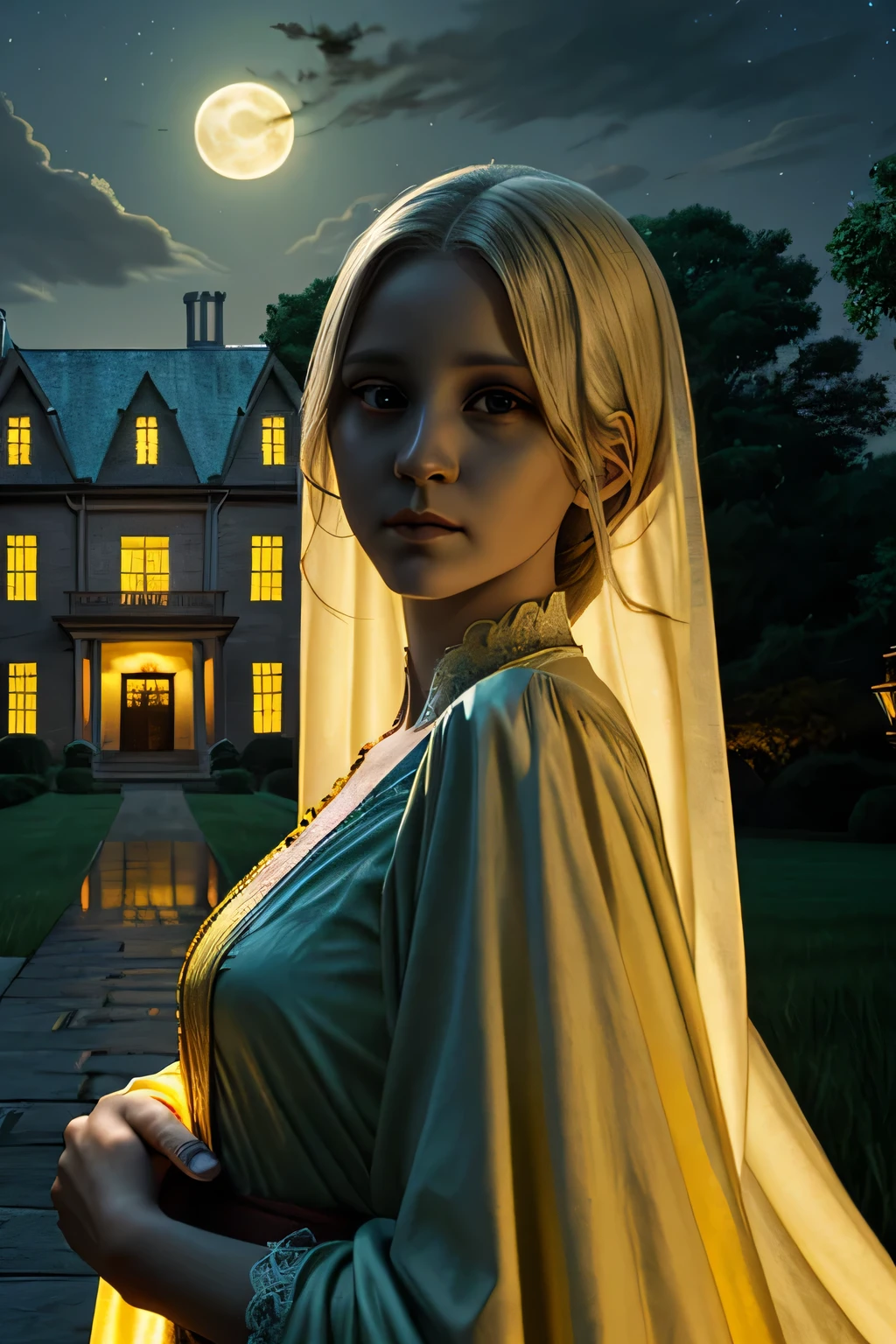 1 female ghost, looking at viewer, holding human body in her arms, night with yellow moon in background, fantasy, (realistic face), half body, mansion in background,