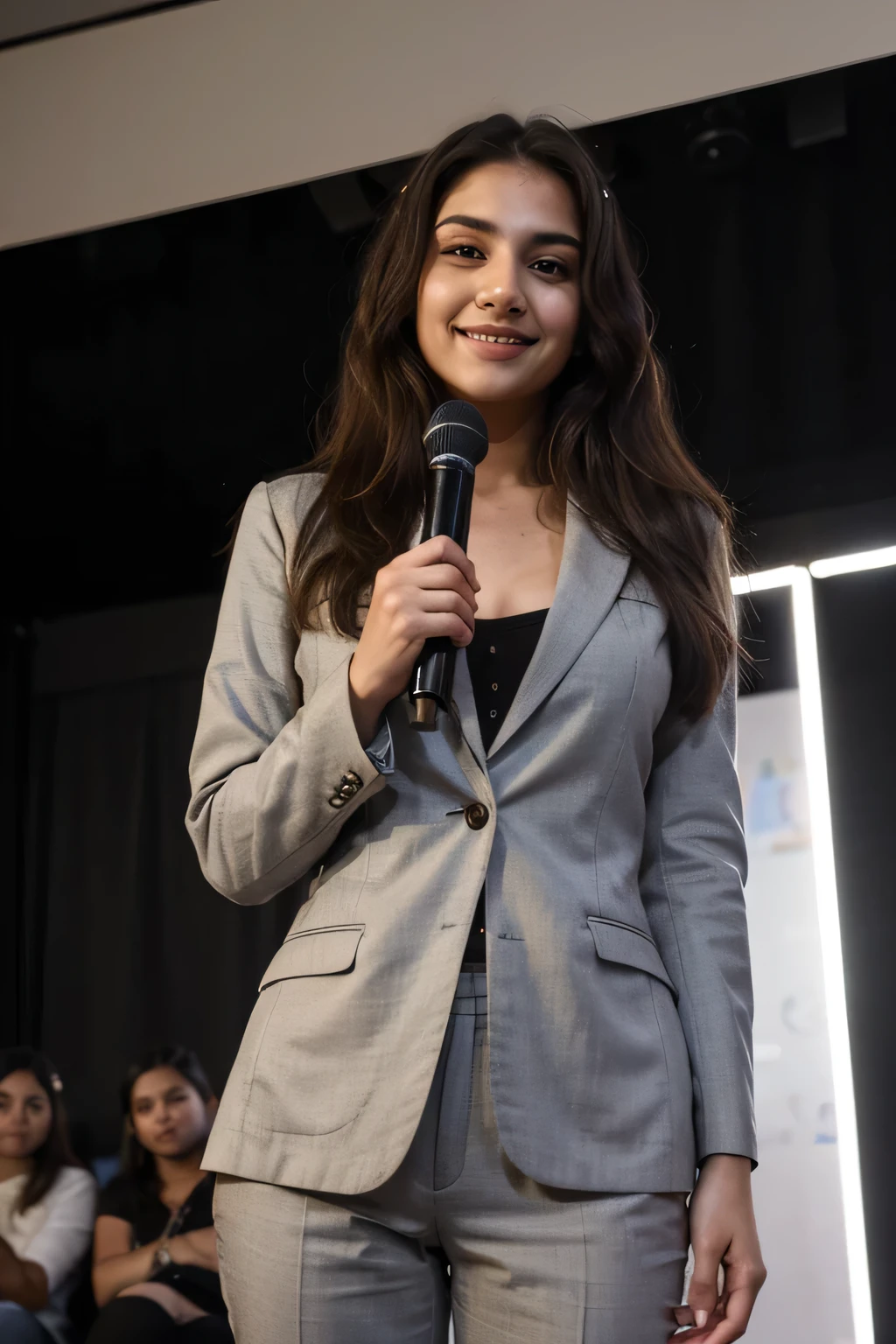 ((best quality)), ((masterpiece)), (detailed),
A 21 year old beautiful Indian girl with long hair smiling face beautiful eyes attending a seminar speaking something on stage in Mike wearing suit coat pant full pic bun hairstyle standing on stage talking in microphone