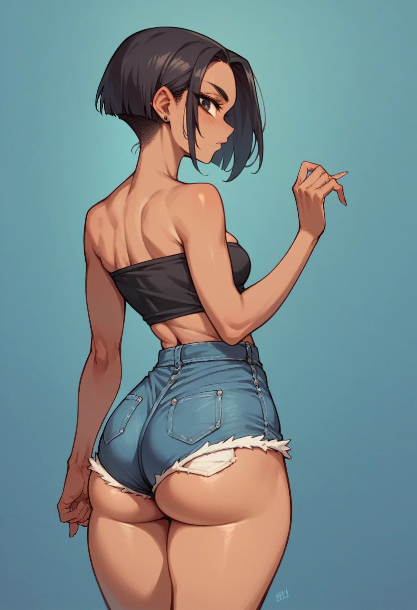 Tall indian girl with big and skinny arms. Showing off her huge ass dress in a black tube top and tiny jean shorts. Posing in front of a blue wall.