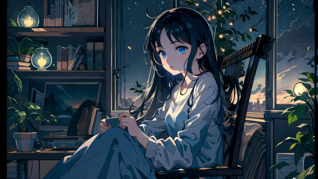 Create an illustration of a girl with black hair and blue eyes, sitting in a chair in front of a desk, Sentimental, Introspective look。, The moonlight gently shines into the room, Gently illuminate the space, Curtains sway in the wind, Increase tranquility, Dark mood, Emphasise the theme of loneliness, silence, And the depths of night, The room is dark、dimly lit by the moonlight