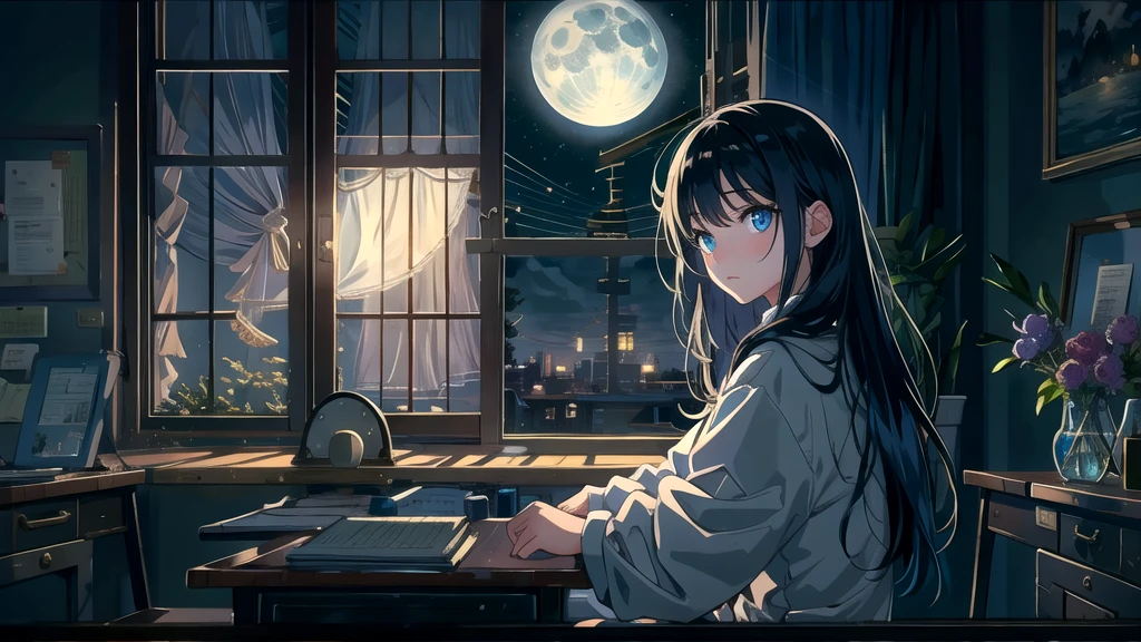 Create an illustration of a girl with black hair and blue eyes, sitting in a chair in front of a desk, Sentimental, Introspective look。, The moonlight gently shines into the room, Gently illuminate the space, Curtains sway in the wind, Increase tranquility, Dark mood, Emphasise the theme of loneliness, silence, And the depths of night, The room is dark、dimly lit by the moonlight