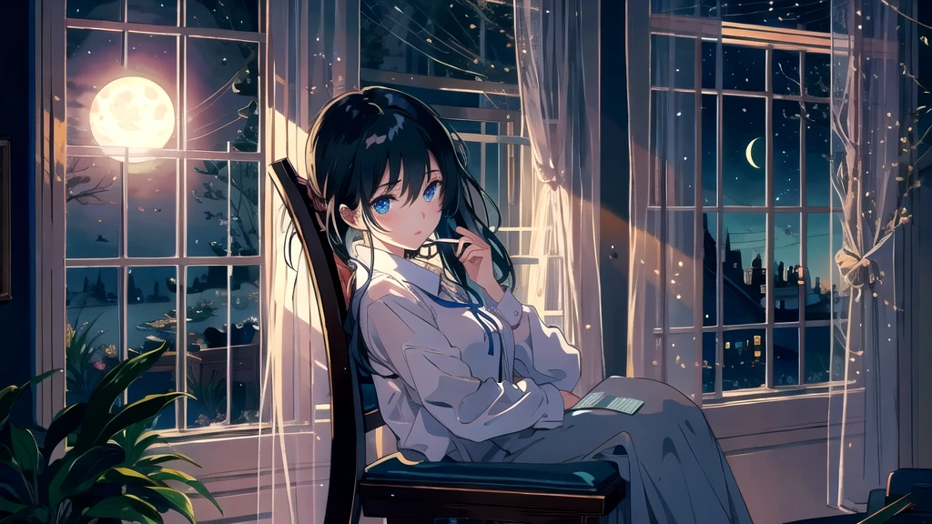 Create an illustration of a girl with black hair and blue eyes, sitting in a chair in front of a desk, Sentimental, Introspective look。, The moonlight gently shines into the room, Gently illuminate the space, Curtains sway in the wind, Increase tranquility, Dark mood, Emphasise the theme of loneliness, silence, And the depths of night, The room is dark、dimly lit by the moonlight