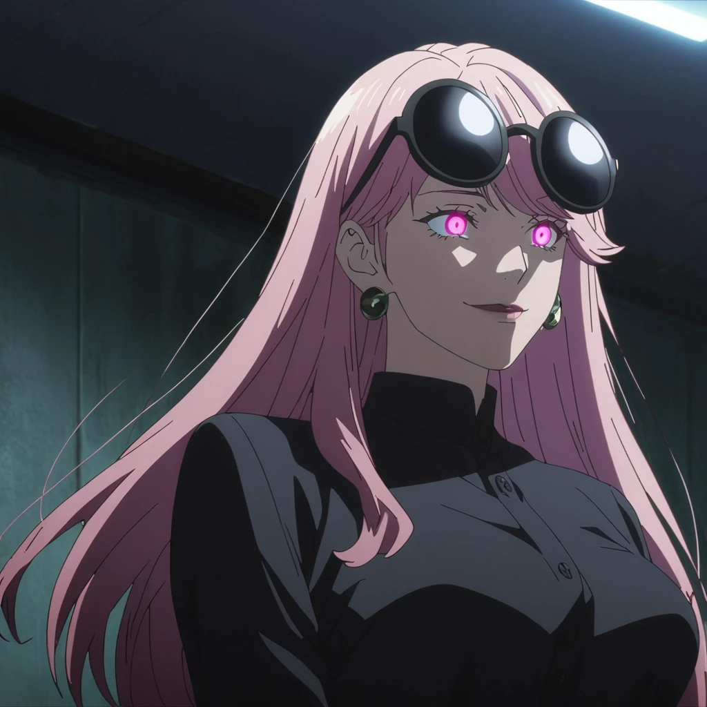 1girl, female gojo satoru, anime screencap from jujutsu kaisen, gojo satoru female version, solo, long_hair, ((Pink universal eyes)) ((Pink_hair)), night view, (hanging breasts) upper_body, smile, indoors, book, Pink_eyes, lips, (side swept bangs) ((wearing black colour outfit with button)) breast, "very detailed and high resolution" (Pink universal eyes) (cross arms) ((long hair)) ((solo)) (front view) (earings) ((high resolution)) ((good quality)) ((side swept bangs)) ((Pink hair)) ((wearing round sunglasses on the head))