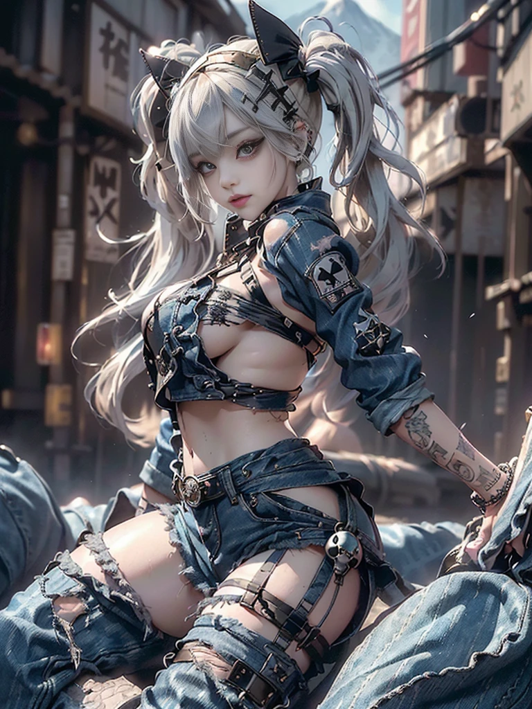 (Full Body View:1.3)、(Beautiful lips and nose:1.4)、(Long eyelashes:1.4)、(Side view:1.1)、(Smiling with teeth showing:1.3),(Shibuya Gal:1.5)、(Gothic ta delicately decorated dress:1.5)、(Tattered denim and black punk rock cargo pants:1.5)、(Denim and black navy skull mark small jacket:1.4)、(denim garter belt:1.5)、(Black and denim knee socks:1.3)、(Skull Silver Accessories:1.5)、(Denim collar:1.3)、(Brown Skin Belt:1.4)、(Brown boots:1.2)、(The underwear is stri.4)、31 years old、((Highest quality、In 8K、masterpiece:1.3))、Sharp focus:1.2、(Layered Cut、Huge boobs:1.1),Beautiful woman with perfect figure:1.4、(Dancing vigorously:1.3)、Slender Abs:1.2、Highly detailed face and skin texture、Detailed eyes、double eyelid,(Twin tails:1.3)、(Cream colored hair:1.3)、Gravure idol、(The background is a vast mountain with a clear view々Beautiful luxury resort destination in Europe:1.3)、(Slim body:1.2),(Make your legs thinner:1.4),(clavicle:1.1)