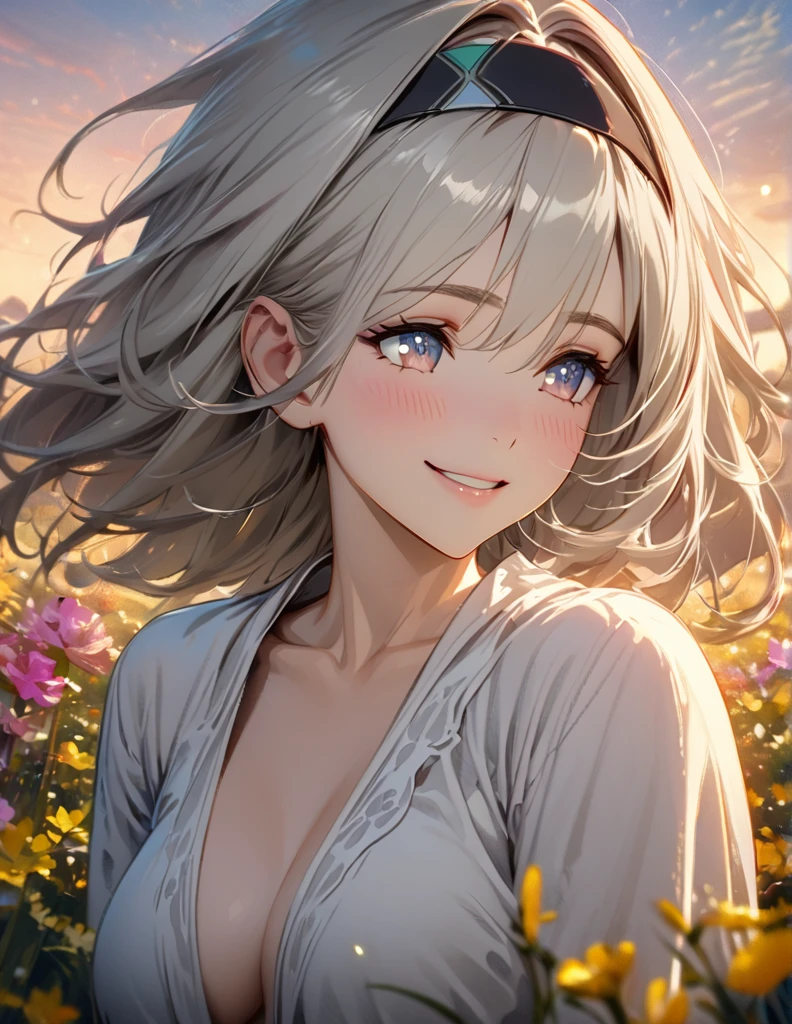 beautiful girl, long grey hair, beautiful face,smiling,close up to hips, beautiful breast, in the middle of flowers field, (open mouth:0.4),illustration,detailed textures(realists),ultra-detailed,portrait style,vivid colors,soft lighting, blushing, mature, hair fluttering, evening light , head band, ((half body)), no bra, taking clothes off, perky. ((side profile until hips))