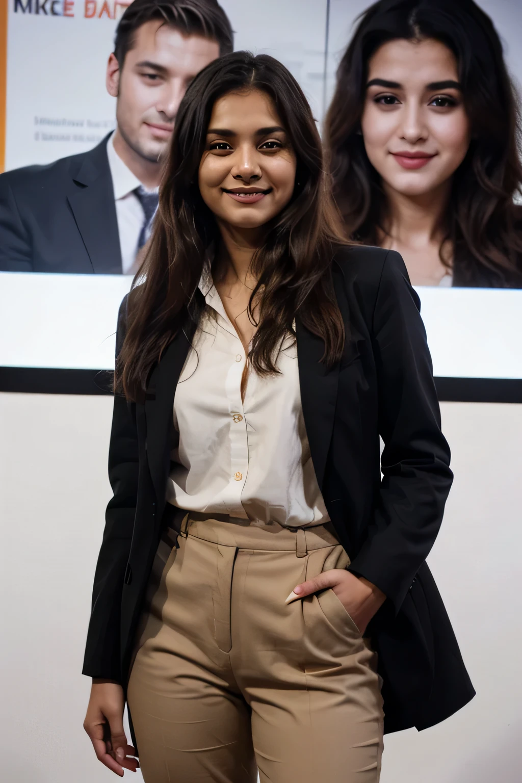 ((best quality)), ((masterpiece)), (detailed), 
A 21 year old beautiful Indian girl with long hair smiling face beautiful eyes attending a seminar speaking something on stage in Mike wearing suit coat pant full pic 