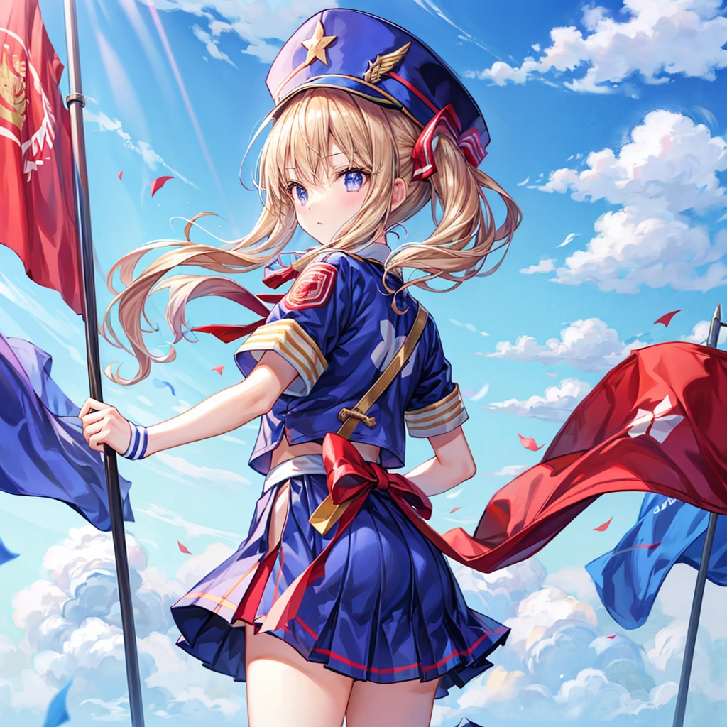 A beautiful girl skillfully manipulates the marching band flags、