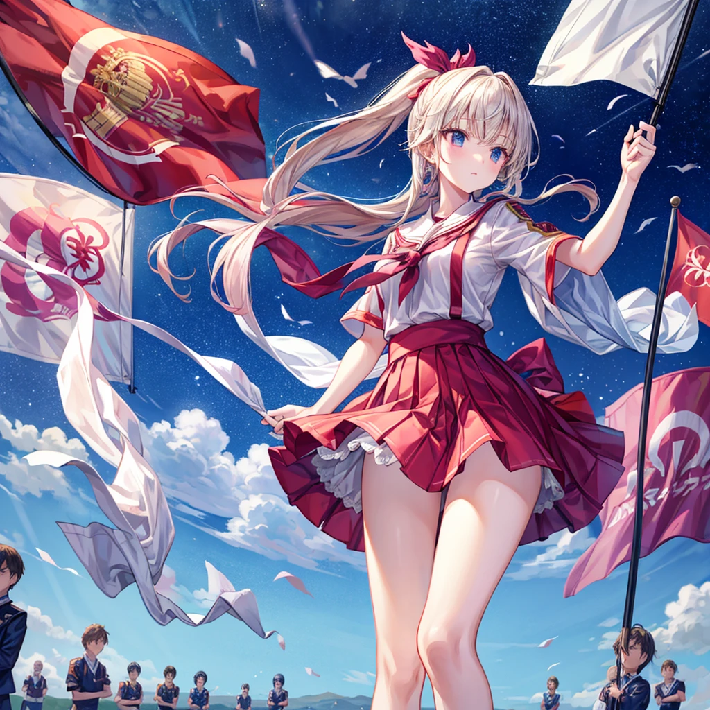 A beautiful girl skillfully manipulates the marching band flags、