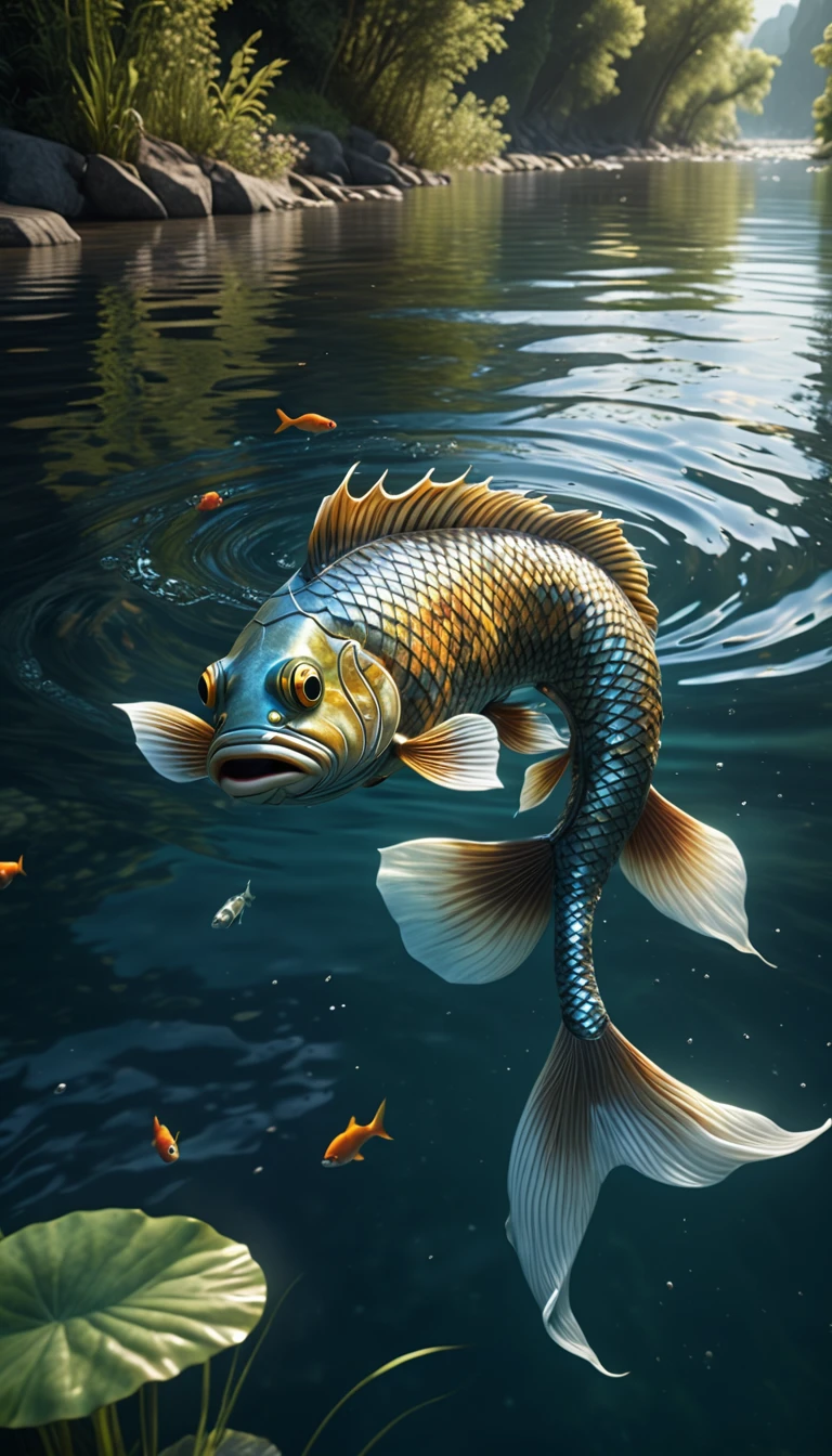 a mythical creature with a human face and fish body swimming in a river, highly detailed, 4k, 8k, highres, masterpiece, ultra-detailed, realistic, photorealistic, photo-realistic, extremely detailed animal, intricate patterns, realistic lighting, fantastical hybrid creature