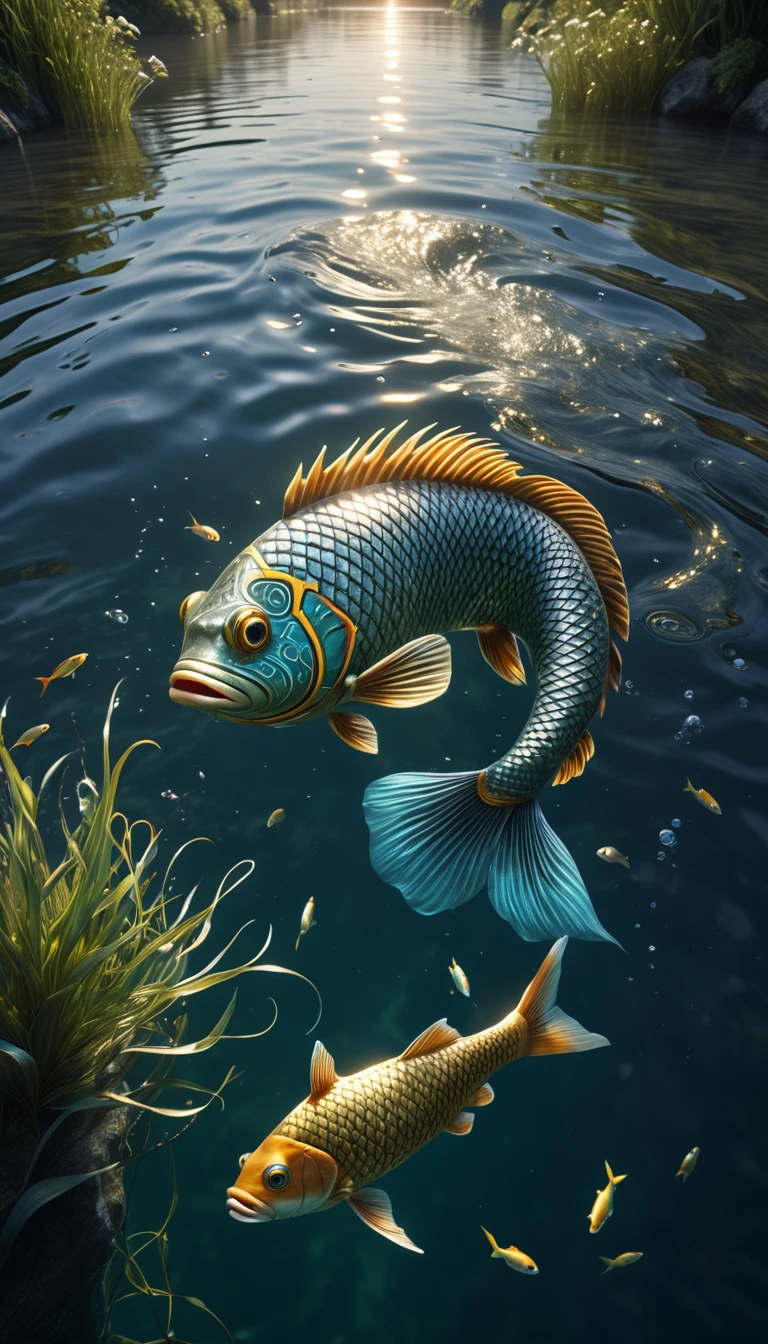 a mythical creature with a human face and fish body swimming in a river, highly detailed, 4k, 8k, highres, masterpiece, ultra-detailed, realistic, photorealistic, photo-realistic, extremely detailed animal, intricate patterns, realistic lighting, fantastical hybrid creature