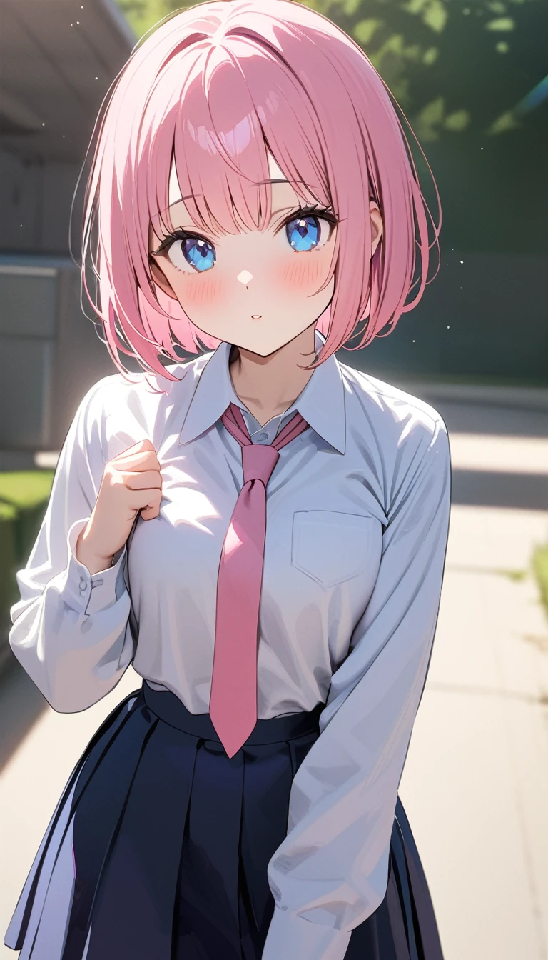(1 girl),(Best Picture Quality, 8K, Masterpiece:1.3), (high school student:1.5), (pink lob hair), (bob cut), (slant skyblue eyes), ((school uniform, white long simple sleeve shirt, darkblue skirt, pink tie)), (super clear:1.5), (glistening skin:1.1),(pale skin:1.1),