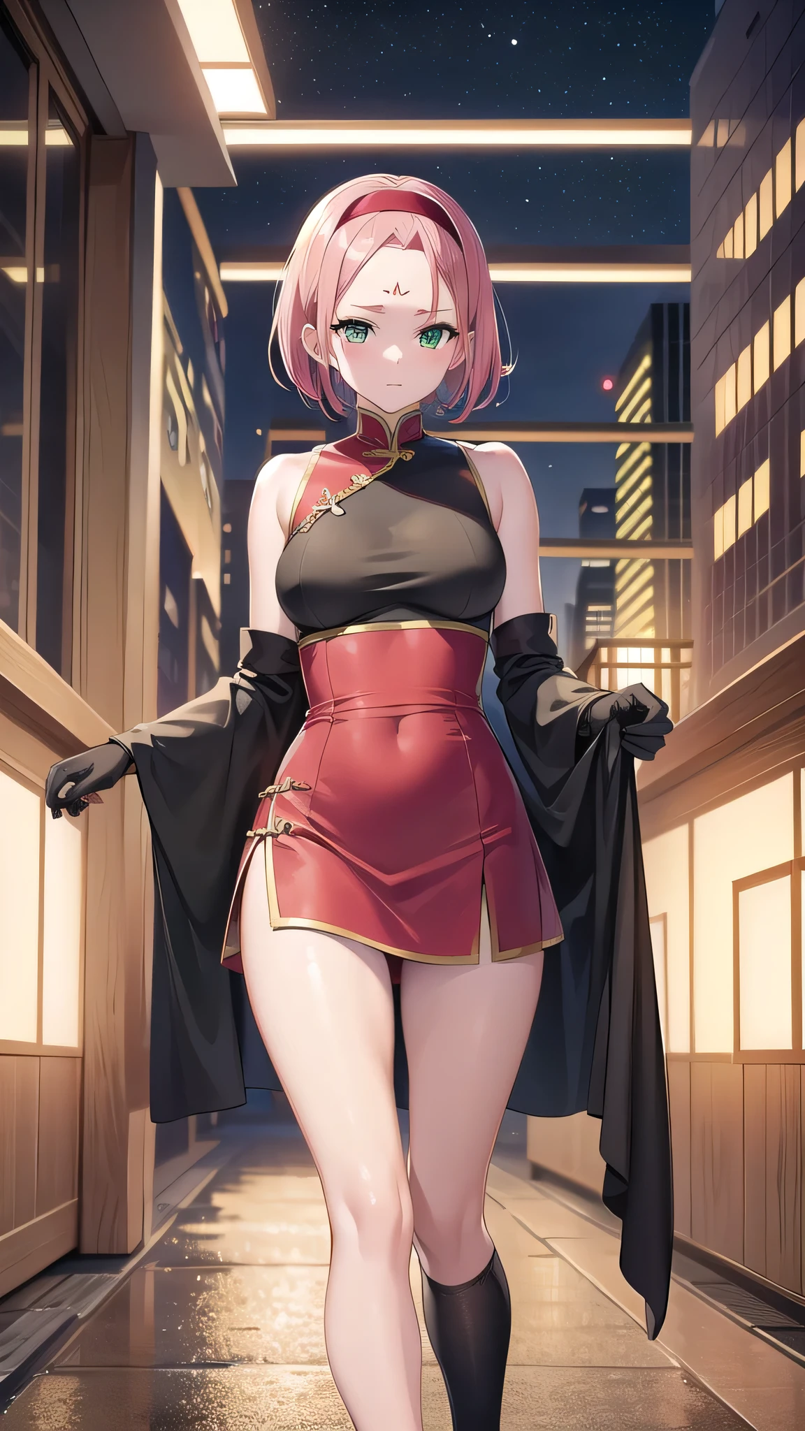 sakuraharuno, sakura haruno, short hair, bangs, (green eyes:1.5), pink hair, hairband, facial mark, (forehead mark:1.2), red hairband, (swept bangs:1.5), (small breast:1.2),
BREAK chinese clothes, dress, red dress, short skirt, black shorts, gloves, black gloves, sleeveless,сleavege,neckline,nipples,
BREAK looking at viewer,
BREAK outdoors, city, nature, forest,night,stars,starfalls,
BREAK (masterpiece:1.2), best quality, high resolution, unity 8k wallpaper, (illustration:0.8), (beautiful detailed eyes:1.6), extremely detailed face, perfect lighting, extremely detailed CG, (perfect hands, perfect anatomy),from below,bend over,on knees.