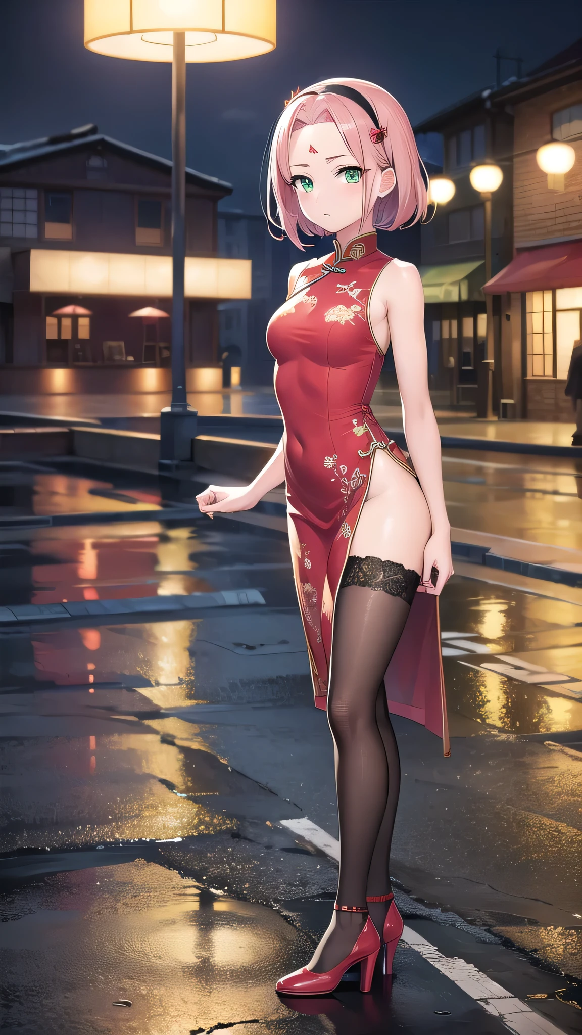 sakuraharuno, sakura haruno, short hair, bangs, (green eyes:1.5), pink hair, hairband, facial mark, (forehead mark:1.2), red hairband, (swept bangs:1.5), (small breast:1.2),
BREAK chinese clothes, dress, (red dress:1.2), short skirt, black shorts, gloves, lace gloves, sleeveless,
BREAK looking at viewer,BREAK indoors, city,on street, wet road, night, lights,reflections,BREAK (masterpiece:1.2), best quality, high resolution, unity 8k wallpaper, (illustration:0.8), (beautiful detailed eyes:1.6), extremely detailed face, perfect lighting, extremely detailed CG, (perfect hands, perfect anatomy),stockings,long legs,heels,full body,cleavege,medium breast.