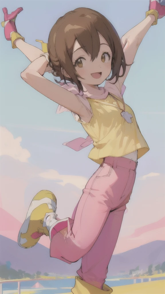 Top quality, masterpiece, high resolution, details, Top quality, masterpiece, high resolution, details, perfect anat○my, (cute girl), smiling, arms behind her back, HikariDigi, open mouth, yellow sleveless shirt, pink pants, rubber boots, shoes, sky, solo,Background is blue sky, upper body、Kindergartener, 