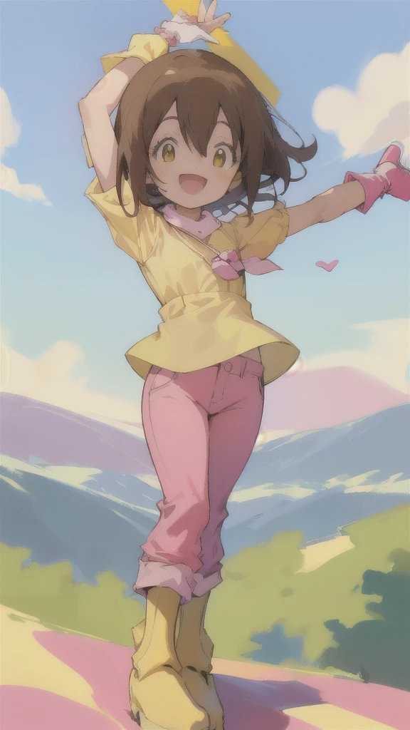 Top quality, masterpiece, high resolution, details, Top quality, masterpiece, high resolution, details, perfect anat○my, (cute girl), smiling, arms behind her back, HikariDigi, open mouth, yellow sleveless shirt, pink pants, rubber boots, shoes, sky, solo,Background is blue sky, upper body、Kindergartener, 