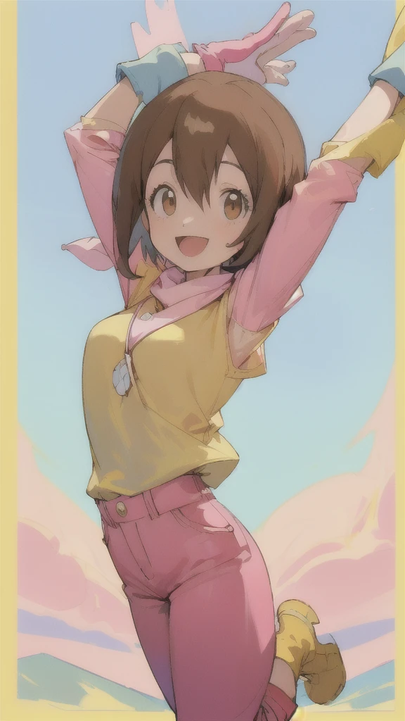 Top quality, masterpiece, high resolution, details, Top quality, masterpiece, high resolution, details, perfect anat○my, (cute girl), smiling, arms behind her back, HikariDigi, open mouth, yellow sleveless shirt, pink pants, rubber boots, shoes, sky, solo,Background is blue sky, upper body、Kindergartener, 