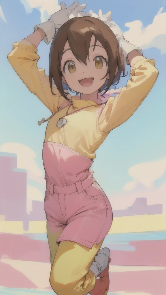 Top quality, masterpiece, high resolution, details, Top quality, masterpiece, high resolution, details, perfect anat○my, (cute girl), smiling, arms behind her back, HikariDigi, open mouth, yellow sleveless shirt, pink pants, rubber boots, shoes, sky, solo,Background is blue sky, upper body、Kindergartener, 