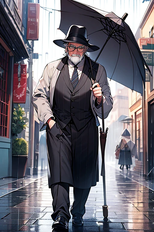 umbrella,silk hat,old man,Glasses,cool,Gray Hair,Whitebeard,gentleman,Old Townscape,heavy rain,masterpiece,best quality,super fine illustration,