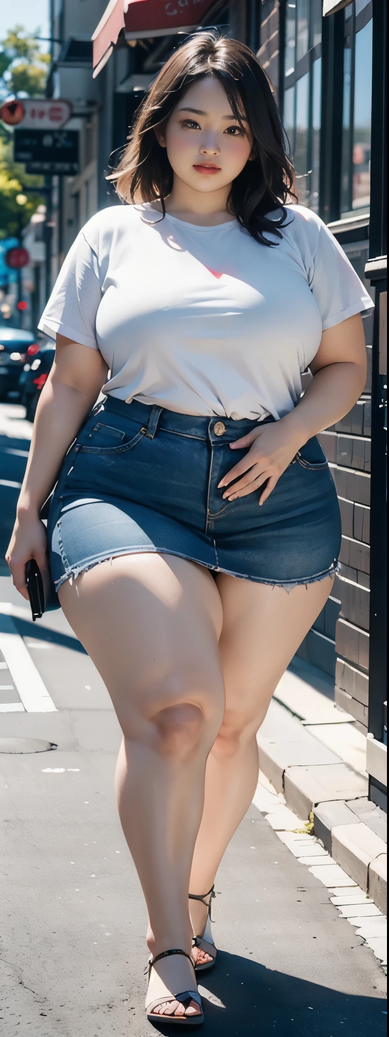 ((best quality)), ((masterpiece)), (detailed), malay woman, perfect face, araffe woman in a dark-blue shirt and blue denim skirt walking down a street, thicc, she has a jiggly fat round belly, bbwchan, wearing tight simple clothes, skinny waist and thick hips, widest hips, her belly is fat and round, soft curvy shape, hyperrealistic full figure, wearing a cute top, wide hips
