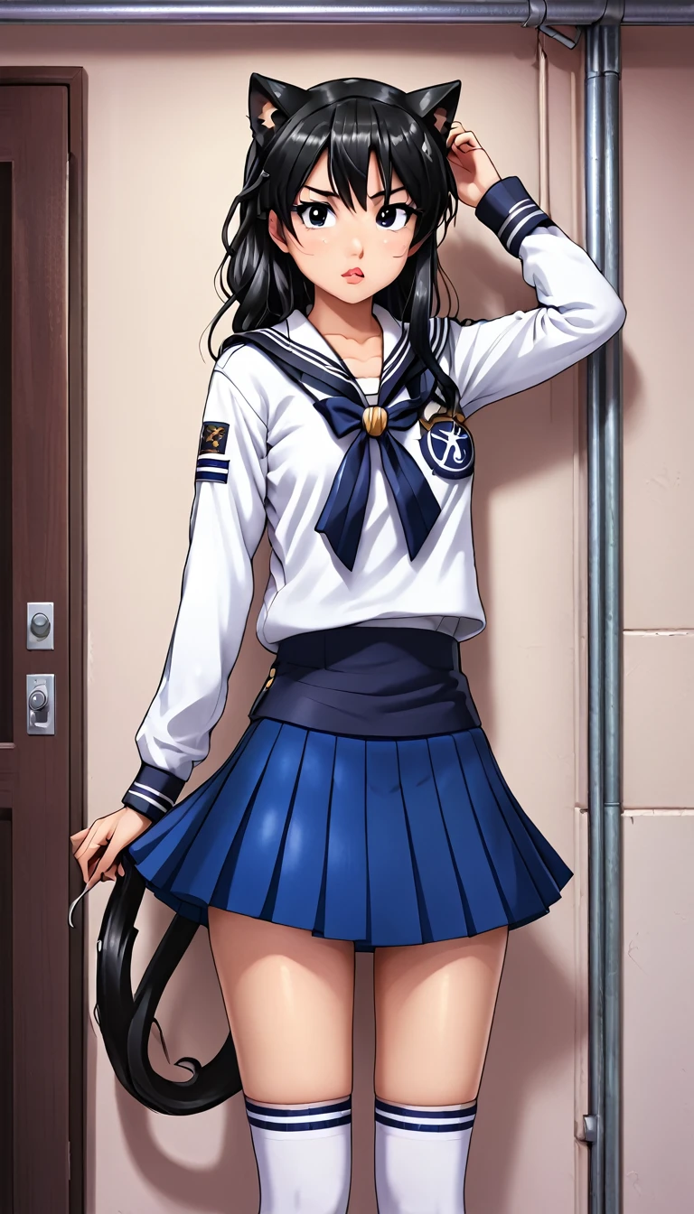 Kitasan black, ahoge, hair ornament, animal ears, horse tail, (black hair),
(facing the wall), (hands on the wall), (bending elbows), (mid-waisted), (putting weight on the wall), (sailor uniform), (long sleeves), (dark blue clothing), (sailor skirt) ,(skirt lifted),(dark blue sailor collar),(blush),
(futanari), (erect penis), (blushing), (ejaculation), nsfw, troubled eyebrows, orgasm, (thick sperm), (masturbation)