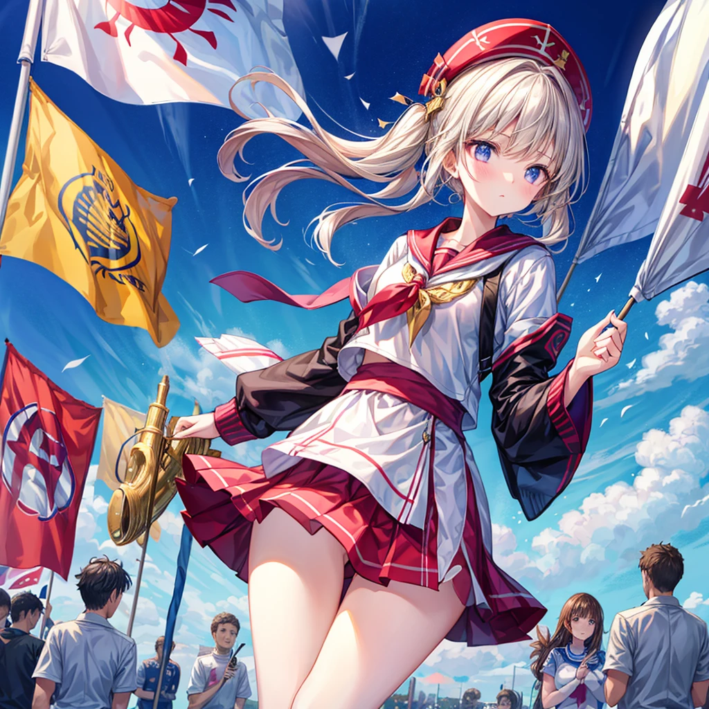 A beautiful girl skillfully manipulates the marching band flags、
