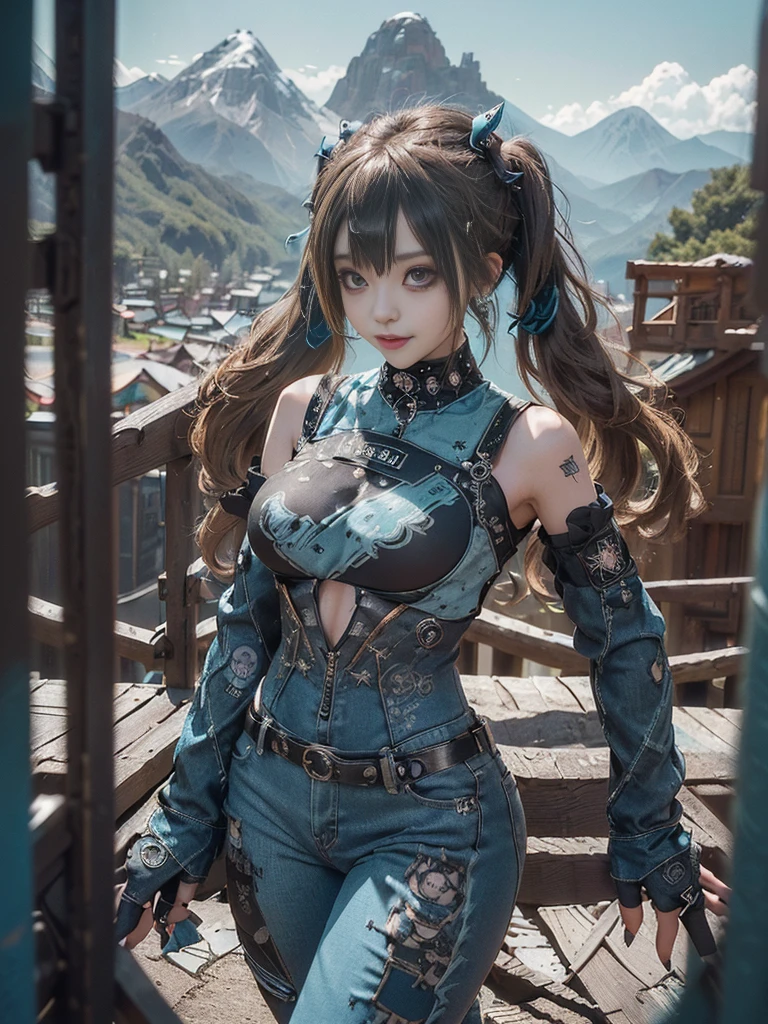 (Full Body View:1.4)、(Full body:1.5)、(Smiling with teeth showing:1.3),(Shibuya Gal:1.5)、(Gothic Lolita style fashion:1.5)、(Punk RockVisual Kei:1.5)、(Wearing a rhythmic gymnastics bodysuit with intricate details:1.4)、(Racing suit and pants with intricate turquoise, denim and charcoal decorations:1.5)、(Denim and light blue and turquoise boots:1.3)、((belt))、(Numerous delicate logo marks all over the costume:1.4)、(collar:1.3)、(Polka dot underwear:1.5)、20-year-old、NSFW、((Highest quality、In 8K、masterpiece:1.3))、Sharp focus:1.2、(Layered Cut、Huge boobs:1.1),Beautiful woman with perfect figure:1.4、(do a gravure pose:1.3)、Slender Abs:1.2、Highly detailed face and skin texture、Detailed eyes、double eyelid,(Twin tails:1.3)、(Brown-golden hair:1.3)、Gravure idol、(The background is a vast mountain々Beautiful luxury resort destination in Europe:1.3)、(Slim body:1.3),(Make your legs thinner:1.4),(clavicle:1.1)