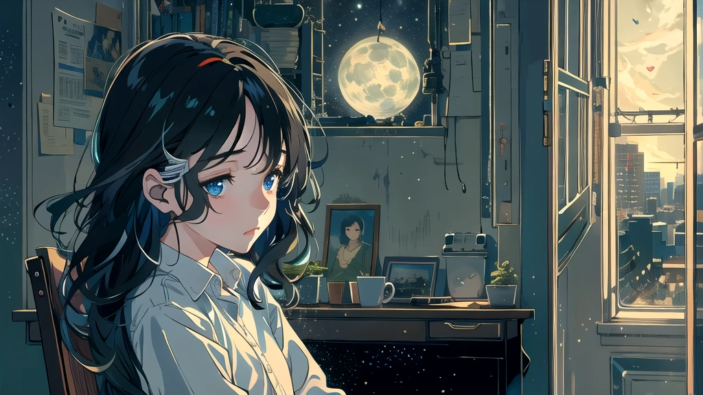 Create an illustration of a girl with black hair and blue eyes, sitting in a chair in front of a desk, Sentimental, Introspective look。, The moonlight gently shines into the room, Gently illuminate the space, Curtains sway in the wind, Increase tranquility, Dark mood, Emphasise the theme of loneliness, silence, And the depths of night, The room is dark、dimly lit by the moonlight