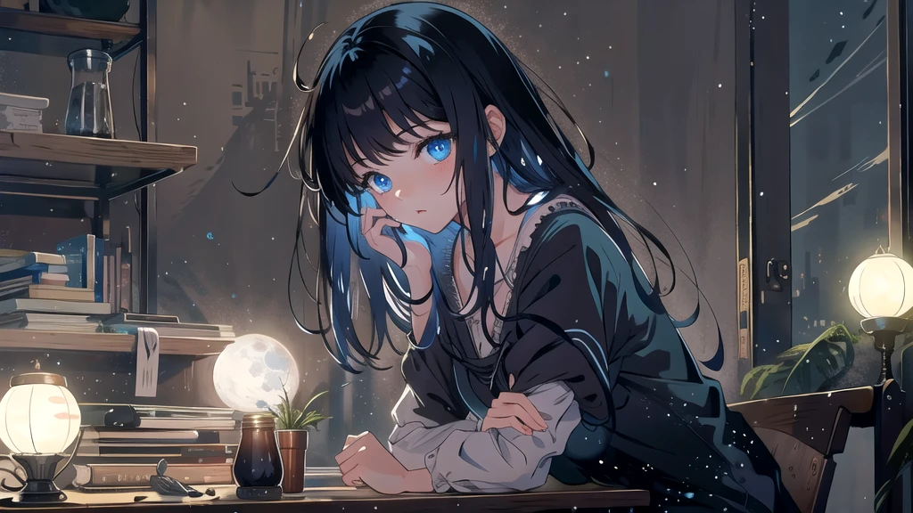 Create an illustration of a girl with black hair and blue eyes, sitting in a chair in front of a desk, Sentimental, Introspective look。, The moonlight gently shines into the room, Gently illuminate the space, Curtains sway in the wind, Increase tranquility, Dark mood, Emphasise the theme of loneliness, silence, And the depths of night, The room is dark、dimly lit by the moonlight
