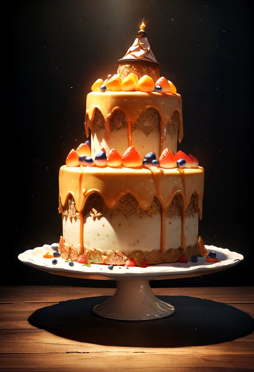 Delicious cake, Cinematic, Professional photography, Studio Lighting, Studio Background, Advertising Photography, Intricate details, Ultra-detailed, Surreal, 8K Ultra HD