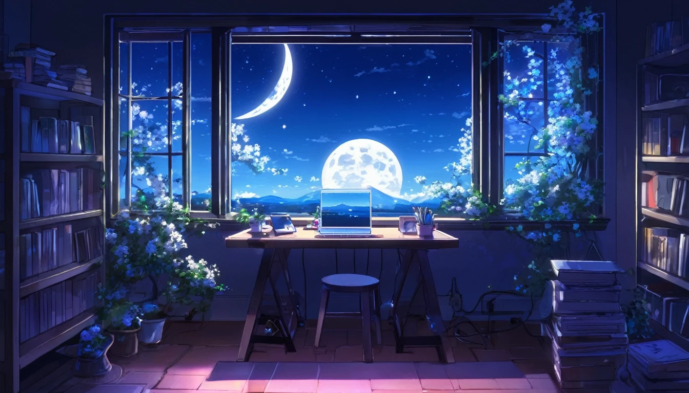 A tranquil scene unfolds in a magical laboratory setting.: a laptop with a bright screen rests on a desk next to a large window, showing a serene moonlit landscape. Blue neons softly illuminate white flowers next to a tablet and PC monitor. A vocal microphone and headphones hint at the creativity buzzing in the air. This anime inspired digital painting., winning a pixiv contest, exudes a welcoming, Lovely atmosphere, captivating viewers with its blend of mystical realism and fairytale charm..