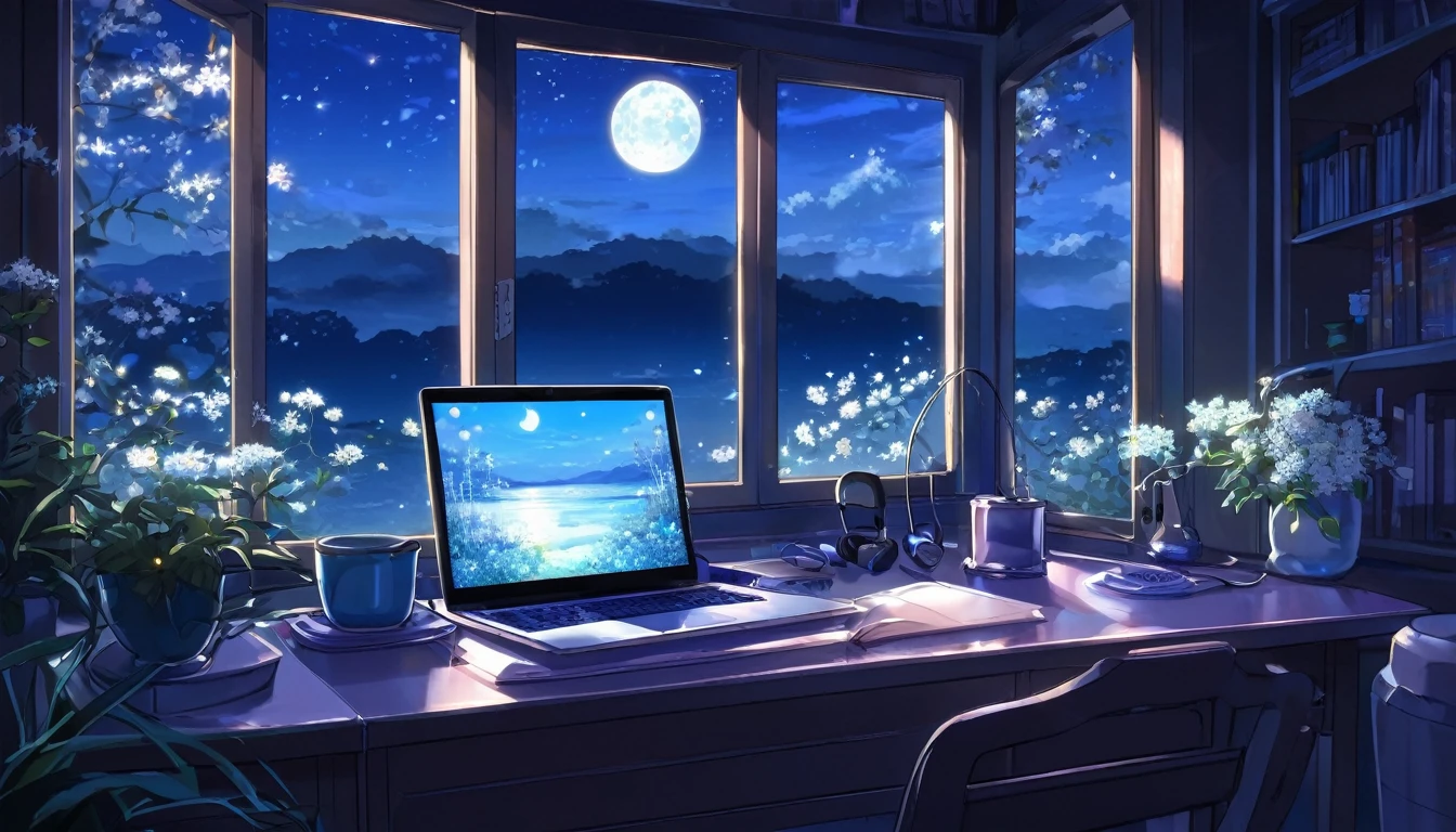 A tranquil scene unfolds in a magical laboratory setting.: a laptop with a bright screen rests on a desk next to a large window, showing a serene moonlit landscape. Blue neons softly illuminate white flowers next to a tablet and PC monitor. A vocal microphone and headphones hint at the creativity buzzing in the air. This anime inspired digital painting., winning a pixiv contest, exudes a welcoming, Lovely atmosphere, captivating viewers with its blend of mystical realism and fairytale charm..