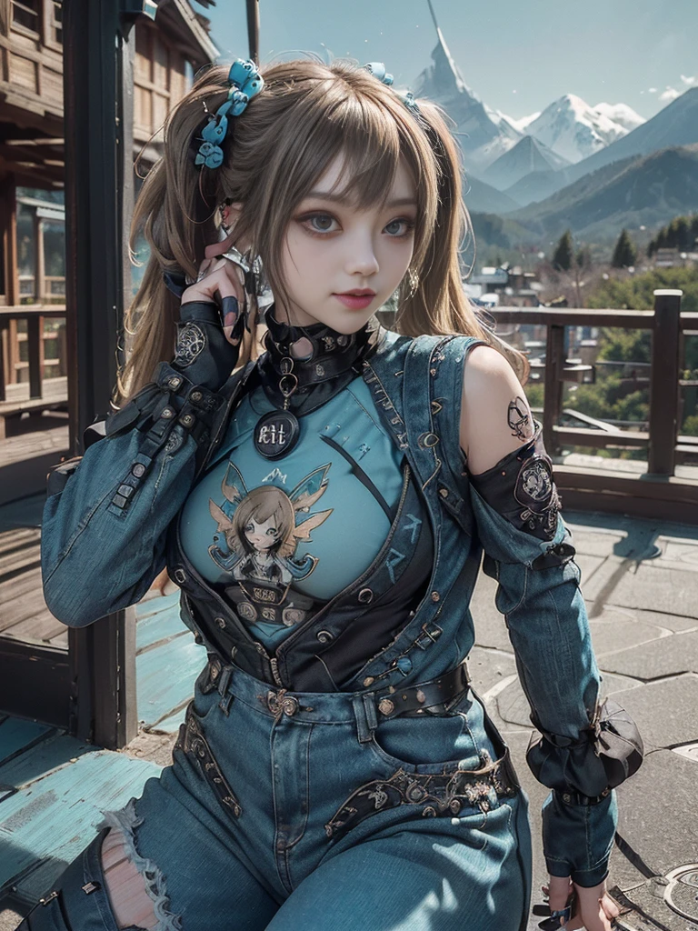 (Full Body View:1.4)、(Full body:1.5)、(Smiling with teeth showing:1.3),(Shibuya Gal:1.5)、(Gothic Lolita style fashion:1.5)、(Punk RockVisual Kei:1.5)、(Wearing a rhythmic gymnastics bodysuit with intricate details:1.4)、(Racing suit and pants with intricate turquoise, denim and charcoal decorations:1.5)、(Denim and light blue and turquoise boots:1.3)、((belt))、(Numerous delicate logo marks all over the costume:1.4)、(collar:1.3)、(Polka dot underwear:1.5)、20-year-old、NSFW、((Highest quality、In 8K、masterpiece:1.3))、Sharp focus:1.2、(Layered Cut、Huge boobs:1.1),Beautiful woman with perfect figure:1.4、(do a gravure pose:1.3)、Slender Abs:1.2、Highly detailed face and skin texture、Detailed eyes、double eyelid,(Twin tails:1.3)、(Brown-golden hair:1.3)、Gravure idol、(The background is a vast mountain々Beautiful luxury resort destination in Europe:1.3)、(Slim body:1.3),(Make your legs thinner:1.4),（clavicle:1.1）