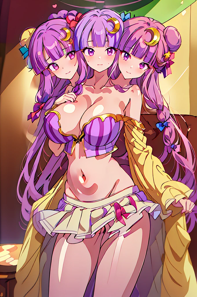 (masterpiece, best quality), best quality, (ultra-detailed), (3heads:1.5), 1girl, (patchouli knowledge:1.3), masterpiece, best quality, (high quality), (high resolution), (best quality:1.5, highres, UHD), highres, absurdo, ultra detail, ultra quality, ultra resolution, purple top, crop top, ((stomach)), midriff, ((groin)), vertical striped skirt, normal ears, shackles, purple hair, very long hair, wavy hair, sidelocks, green eyes, parted lips, smiling, sweat, cute, toned belly, hand on own chest, eyelashes, (26 year old woman:1.3), (masterpiece:1.5), (best quality:1.5), (beautiful detailed, extremely detailed CG, extremely delicate and beautiful, depth of field, (finely detailed face), (perfect details:1.2), (mature female:1.3), wide pelvis, slender, large veiny breast, 16k resolution, high quality, high definition, extremely detailed, masterpiece, purple hair, long hair, alluring presence, braid, short skirt, close up, very big tits, huge tits, young, crescent hat ornament, crescent, hair bow, bow, open belly, nsfw,
