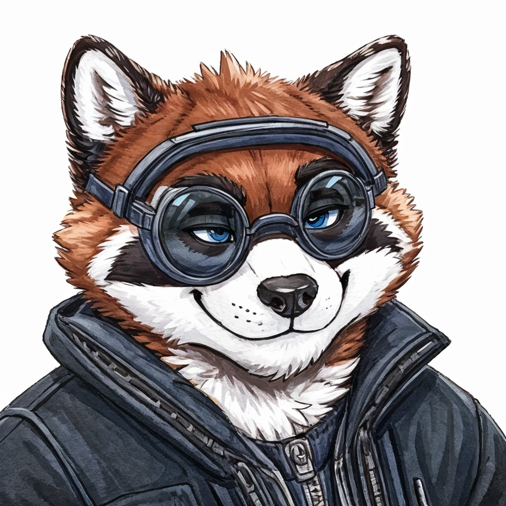 headshot of a anthropomorphic raccoon, closed smile, he has a round type of reading googles, a black with white laces jacket, high quality furry art, high quality fursona ref.