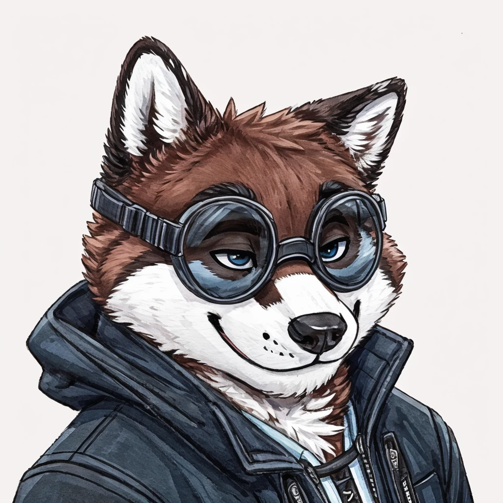 headshot of a anthropomorphic raccoon, closed smile, he has a round type of reading googles, a black with white laces jacket, high quality furry art, high quality fursona ref.