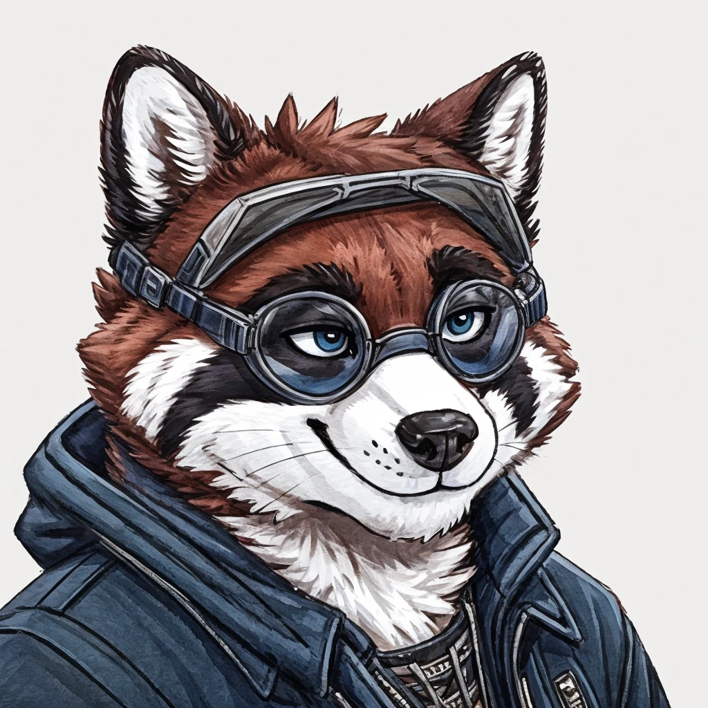 headshot of a anthropomorphic raccoon, closed smile, he has a round type of reading googles, a black with white laces jacket, high quality furry art, high quality fursona ref.